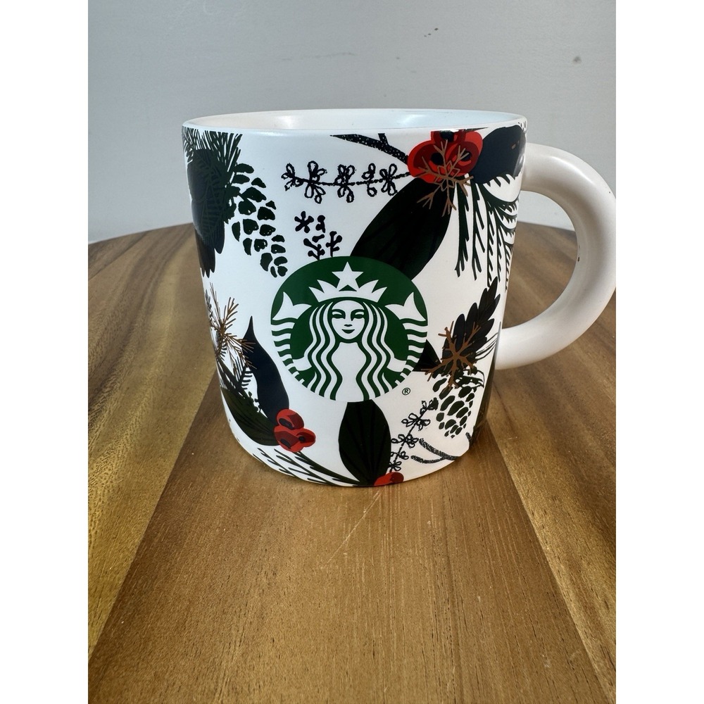 Starbucks Holiday Ceramic Mug 12 Oz White & Green With Red Festive Floral Print